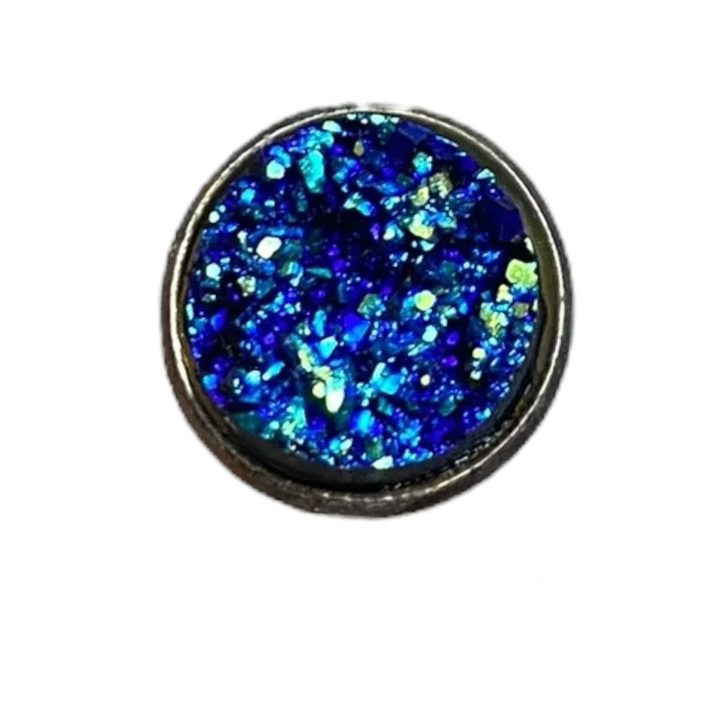 Silver Tone Metallic Blue Faux Crystal Shimmer Cufflinks Lightweight‎ Round